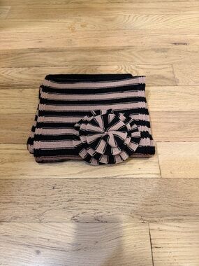 Sonia Rykiel Striped Knit Scarf with Rosette Accent - Black & Light Pink